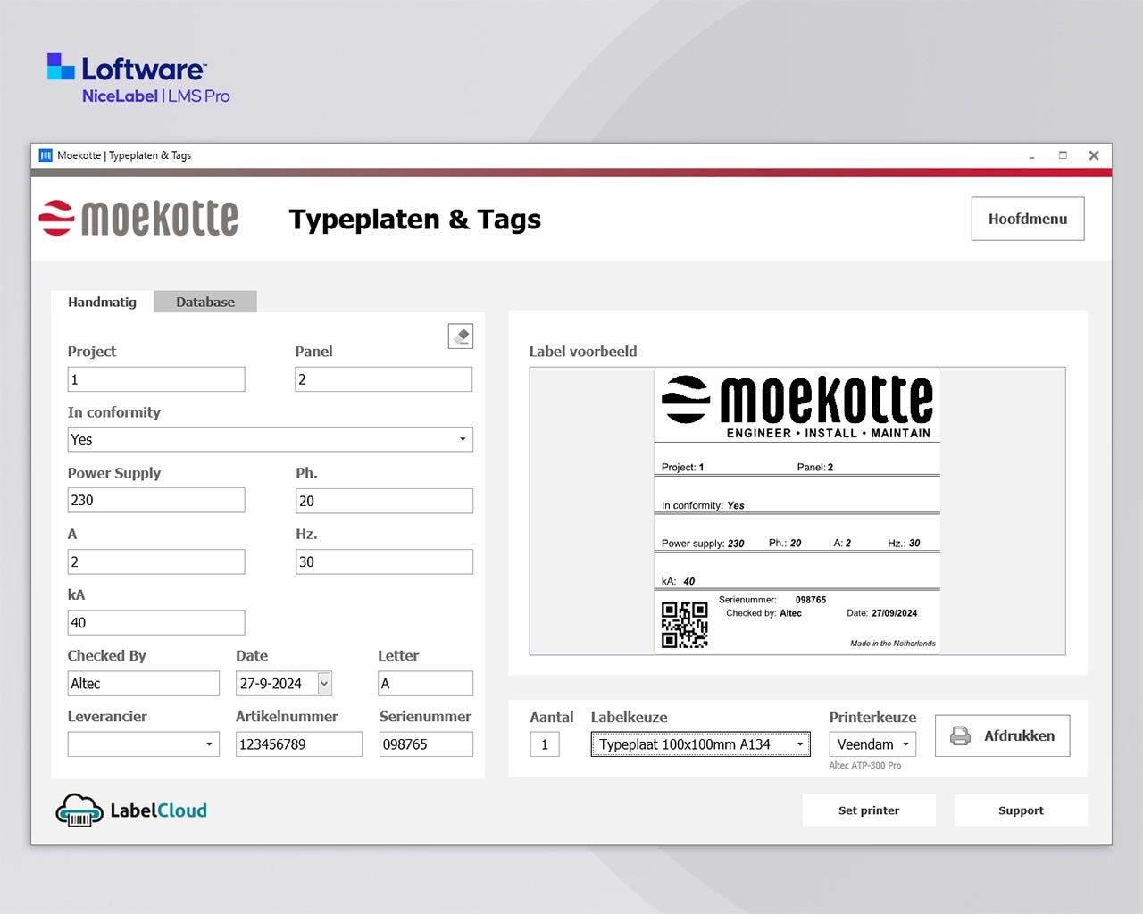 NiceLabel 10 LMS Pro applicatie voor het afdrukken van typeplaten en tags met variabele gegevens